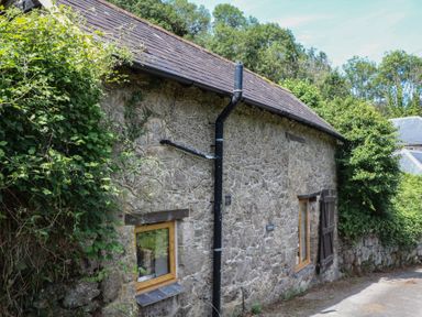 A stone building with windows and vegetation surrounding it at The Mill Barn in Lustleigh