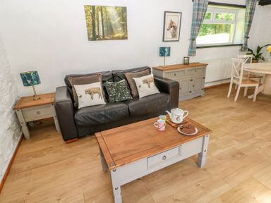 A living room with a sofa and coffee table at Daffodil Cottage in Blaencwm near Treorchy