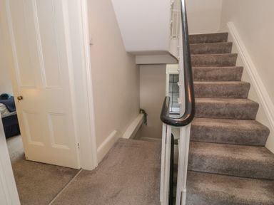 A staircase with carpet and a door at Llety Cllyd Barmouth