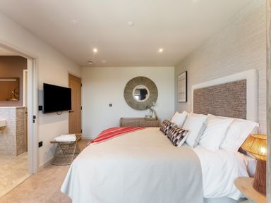 A bedroom with a bed and television at tbc St. Ives