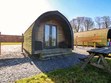 A pod with a door and steps at Bron Eifion Pod 1 Criccieth