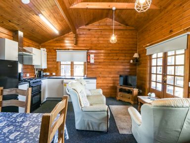 A living room with kitchen appliances and furniture at Lodge 2 - Bron Eifion