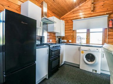 A kitchen with appliances including a refrigerator and washing machine at Lodge 2 -  Bron Eifion