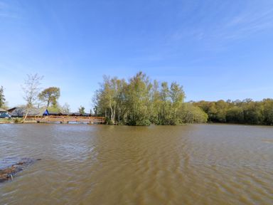 A view of a lake with trees and a wooden bridge at Lodge 2 -  Bron Eifion