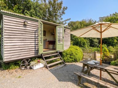 An outdoor seating area with a shepherd hut and table at The Three Spaniels Shepherds Hut Cwrtnewydd near Llanybydder