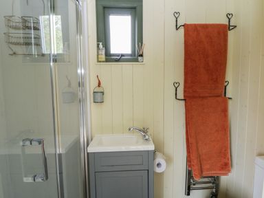 A bathroom with a shower, sink, and towel rack at The Three Spaniels Shepherds Hut in Cwrtnewydd near Llanybydder