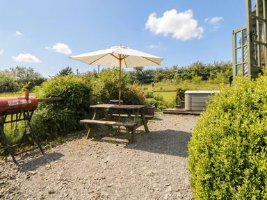 A picnic table with umbrella and hot tub at The Three Spaniels Shepherds Hut Cwrtnewydd near Llanybydder