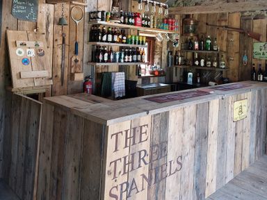 A bar area with shelves of bottles and a counter at The Three Spaniels Shepherds Hut in Lampeter