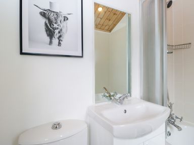 A bathroom with a sink, toilet, and shower at Fox Red Retreat in Troutbeck Bridge