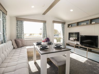 A living room with a dining table and sofa at Standard Caravan at Three Lochs Holiday Park in Newton Stewart