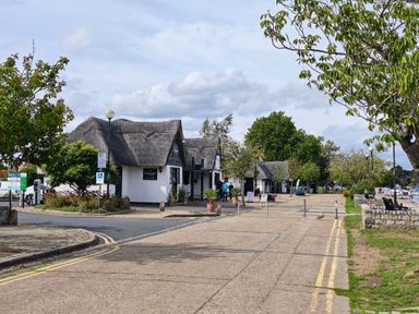 A streetscape with thatched roof buildings and trees at The Mill House Gardens Oulton Broad