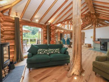 A living room with a sofa and fireplace at Copper Suite in Chulmleigh