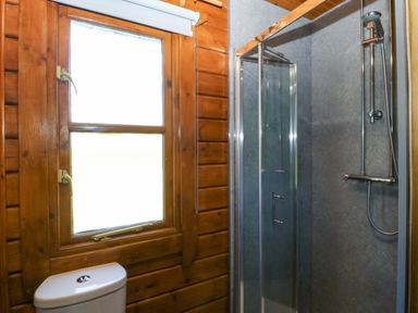 A bathroom with a shower and toilet at Lodge 6 - Sleep 4 - Twin and Double in Criccieth