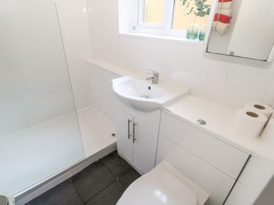 A bathroom with a white shower area a sink with cabinet a toilet two toilet paper rolls and a small window at Bridge Cottage in Haltwhistle near Hadrian's Wall