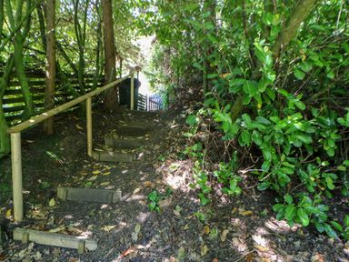 A dirt path with wooden steps and a handrail surrounded by trees and bushes at Bridge Cottage in Haltwhistle near Hadrians Wall
