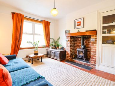 A living room with a sofa and fireplace at Hafanedd in Betws-y-Coed