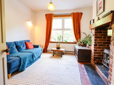 A living room with a sofa, table, and plants at Hafanedd in Betws-y-Coed