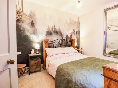 A bedroom with a bed and decorative wall art at Hafanedd in Betws-y-Coed