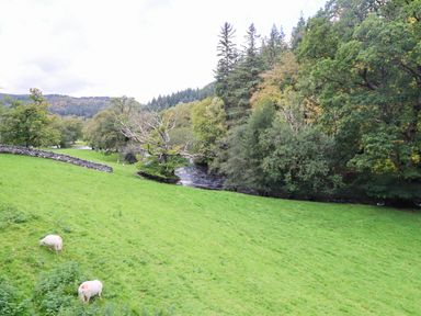 A scenic view of grass fields with sheep and a river at Hafanedd in Betws-y-Coed