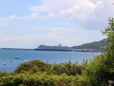A view of a cruise ship and cargo ship in the water with yachts at Little Gem in Weymouth
