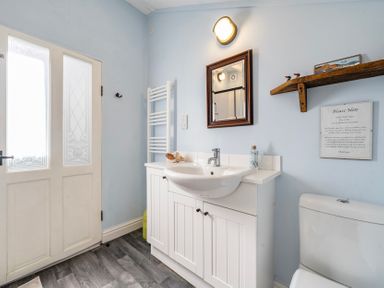 A bathroom with sink and toilet at Little Linney Sleeps 2 Garden Parking Wifi Hartland