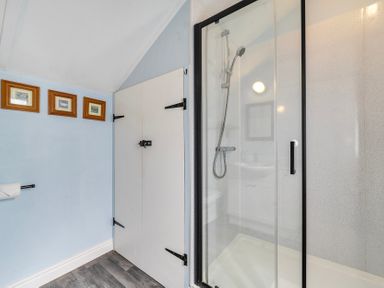 A bathroom with a shower and sink at Little Linney Sleeps 2 Garden Parking Wifi in Hartland