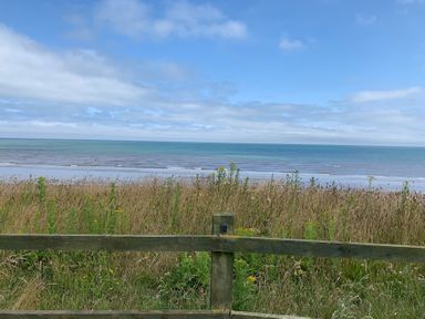 A view of the sea with grass and a wooden fence at TBC 