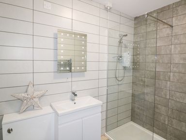 A bathroom with a sink and a shower at The Cartwheel in Amroth