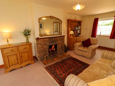 A living room with a fireplace and mirror at Sarah's Cottage