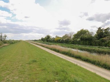 A grassy path along a waterway with trees at Laurel in Littleport