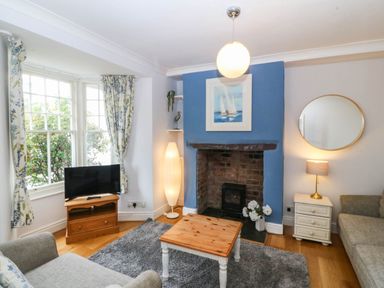A living room with a television and a fireplace at Llys Awen in Caernarfon