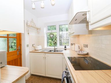 A kitchen with a sink and window at Llys Awen in Caernarfon