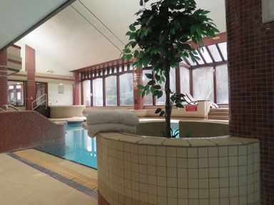 An indoor swimming pool with a plant and towels at Courtyard Cottage in Cartmel