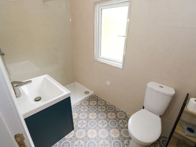A bathroom featuring a shower, toilet, and washbasin at Mayfly Cottage