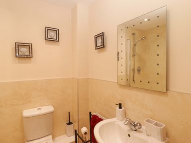 A bathroom with a toilet, sink, shower, and mirror at Twyni Bach