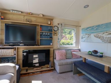 A living room with a television and sofa at Porthcurno 5 Perranwell near Goonhavern