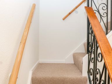 A staircase with carpeted steps and handrails at Halsdon Avenue in Exmouth
