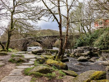 A bridge over a river surrounded by trees and rocks at The White House Okehampton