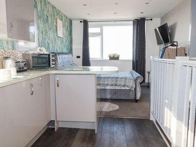 A kitchen with modern appliances and a bed at Two Bed Apartment No.4 in Newquay