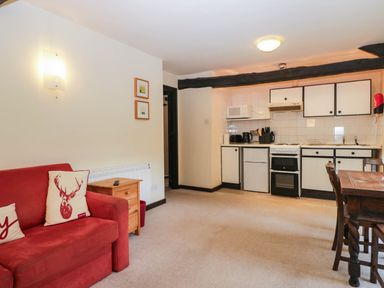 A living room with a kitchen area at Flat 4 Grasmere Lodge in Ambleside