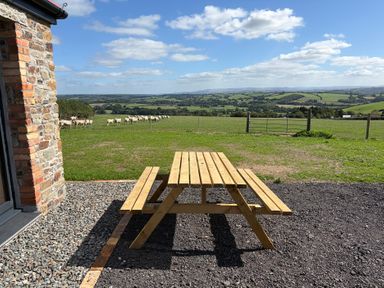 A picnic table overlooking a field with sheep at High View Barn in Launceston
