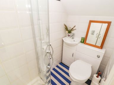 A bathroom with a shower, toilet, sink, and mirror at 11b Market Street in Narberth