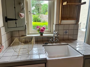 A kitchen with a sink and a flower vase at The Coach House Cottage Ballycommon