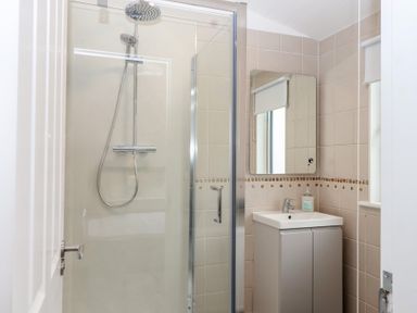 A bathroom with a shower and sink at Lodge 19 in Torpoint