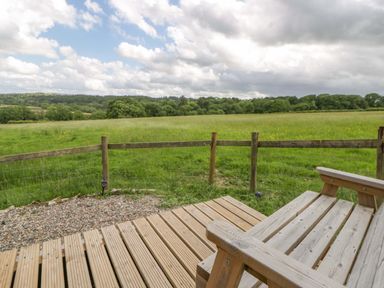 An outdoor area with wooden decking and a grassy field at The Little Shepherds Hut with a View Builth Wells
