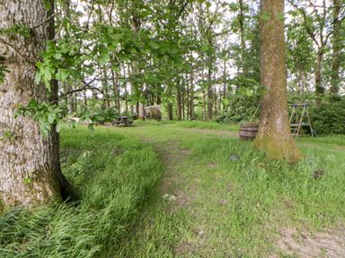 An outdoor area with a picnic table and swing set at The Little Shepherds Hut with a View Builth Wells