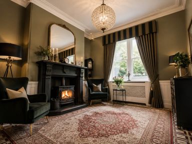 A living room with a fireplace and two chairs at Chowdene Lodge Estate