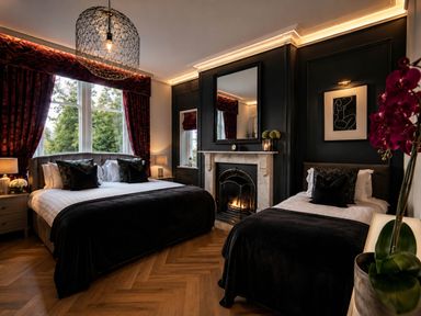A bedroom with two beds and a fireplace at Chowdene Lodge Estate