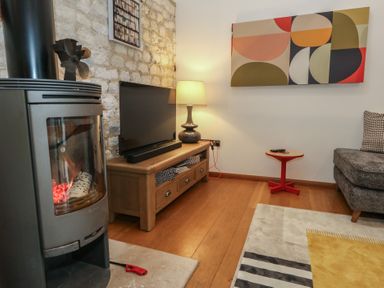 A living room with a fireplace and television at Frome Gazey Barn in Frampton