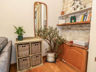 A living room with a mirror and plant beside a storage unit at Frome Gazey Barn in Frampton